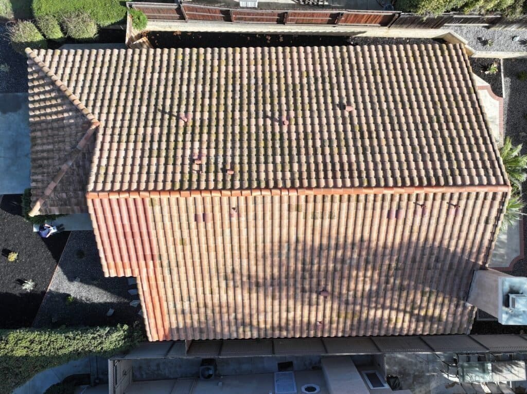 Completed reroof on Shadetree Lane in Escondido, Ca by roofing contractor Richardson Roofing. Overview of roof.